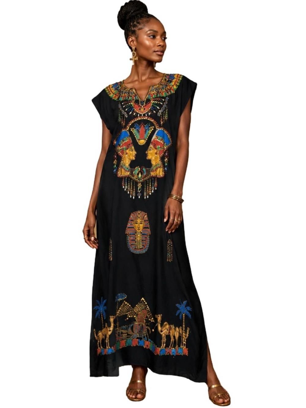 Stunning Vintage 1980’s Beaded Egyptian Kaftan Dress Black Gold